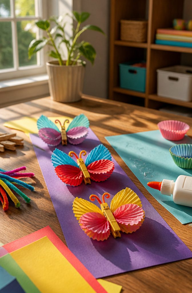 Butterfly Crafts for Kids: Simple Projects Using Household Supplies 3 Colorful cupcake liner butterflies arranged on craft paper.