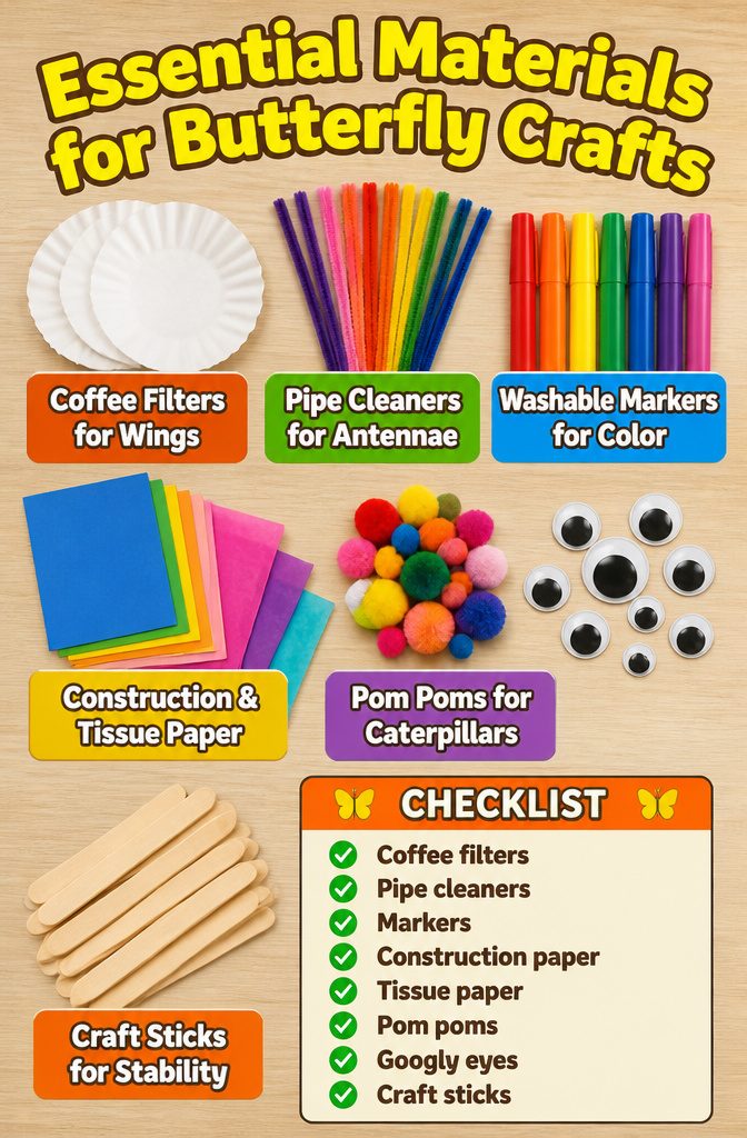 Butterfly Crafts for Kids: Simple Projects Using Household Supplies 11 A list of materials for making butterfly crafts.