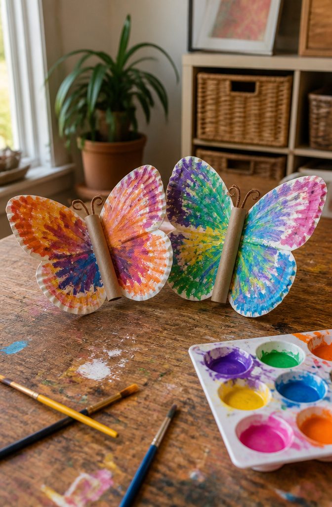 Butterfly Crafts for Kids: Simple Projects Using Household Supplies 6 Two painted paper plate butterflies resting on a craft table.
