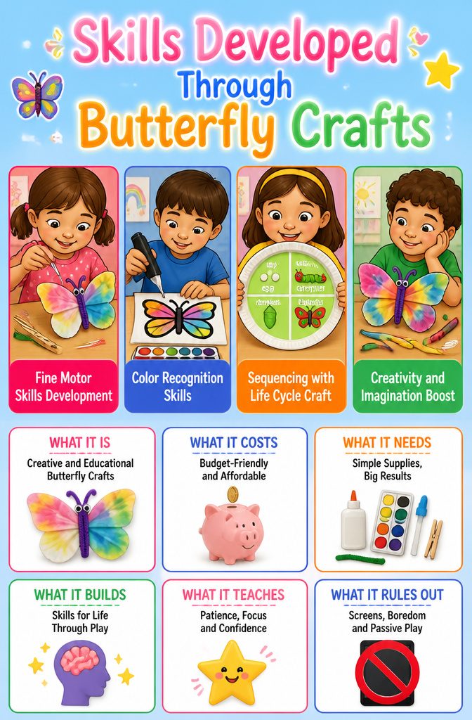 Butterfly Crafts for Kids: Simple Projects Using Household Supplies 12 An overview of skills developed through butterfly crafts.
