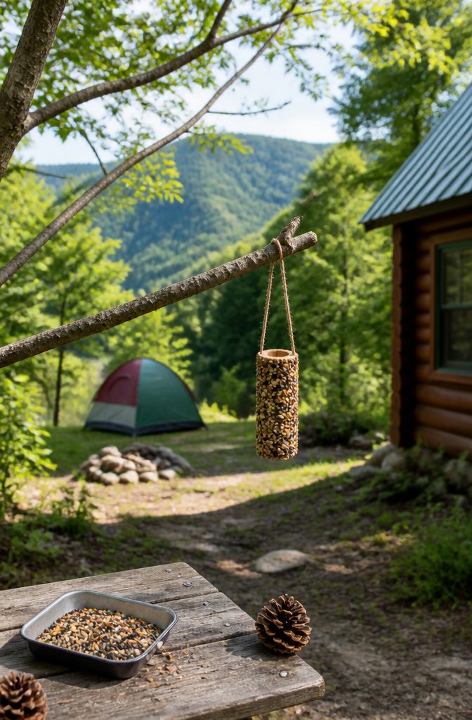 Bird feeders crafted from toilet paper tubes and birdseed.