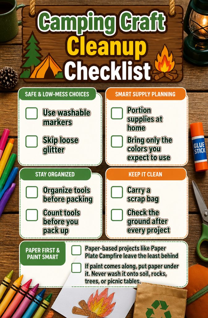 A checklist for camping craft cleanup on a wooden surface.