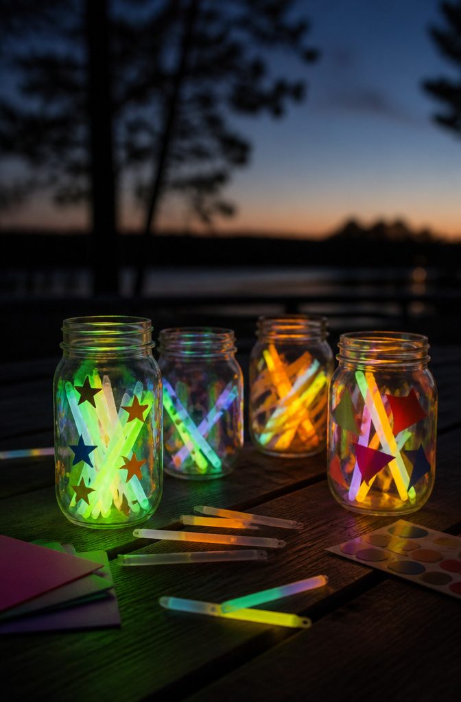A glow stick inside a clear jar creating a lantern effect.