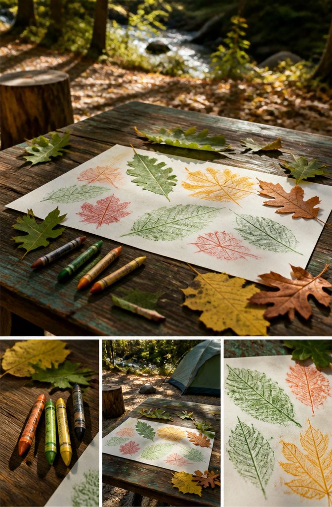 Leaves glued to paper arranged into artistic designs.