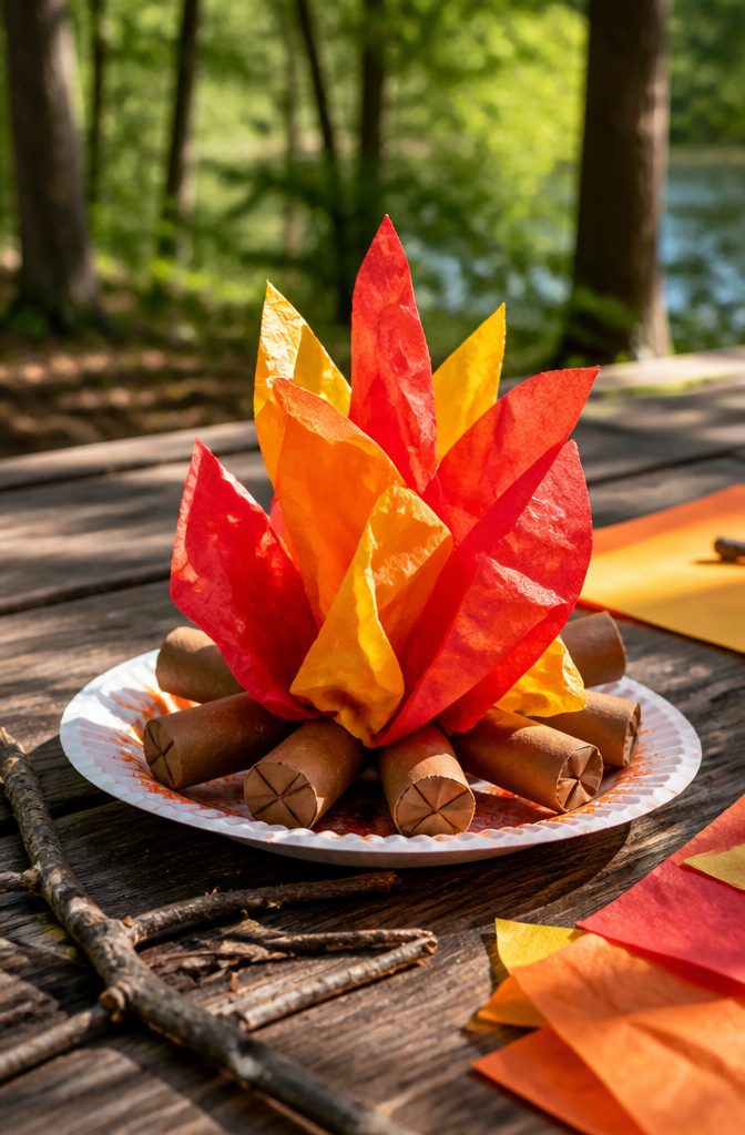 A colorful paper plate campfire made of paper flames and logs.