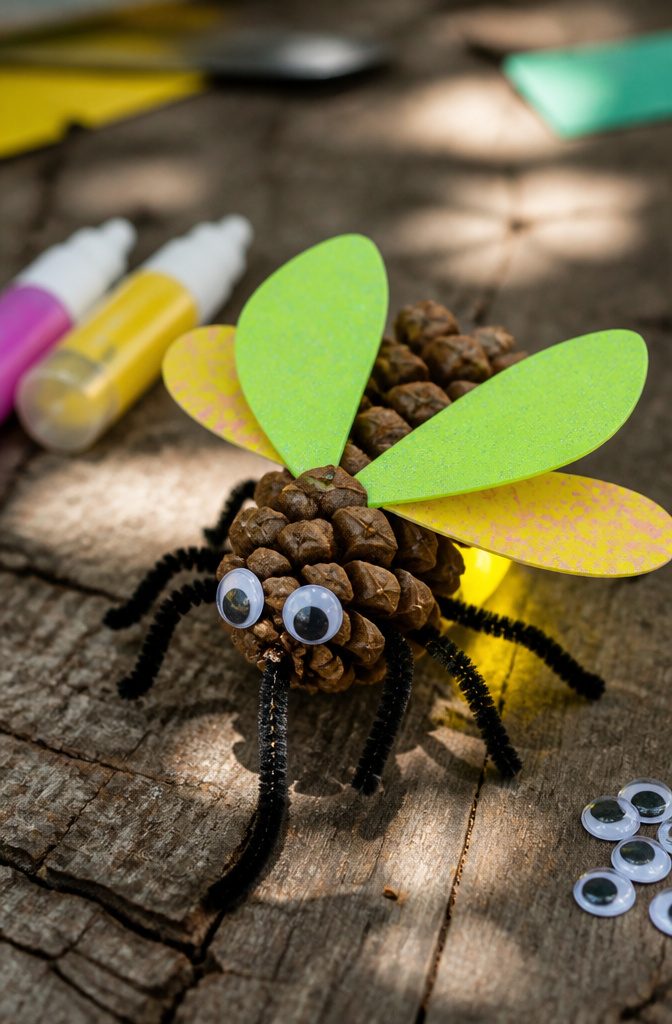Pine cones with pipe cleaner legs and wings made of paper.