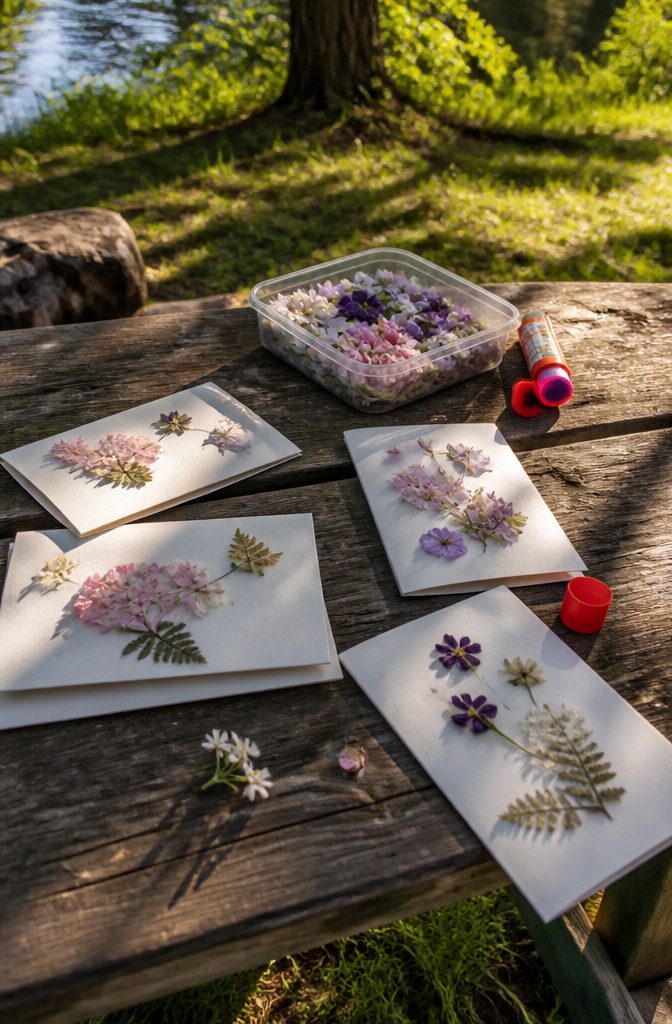 Blank greeting cards with pressed flowers on a picnic table.