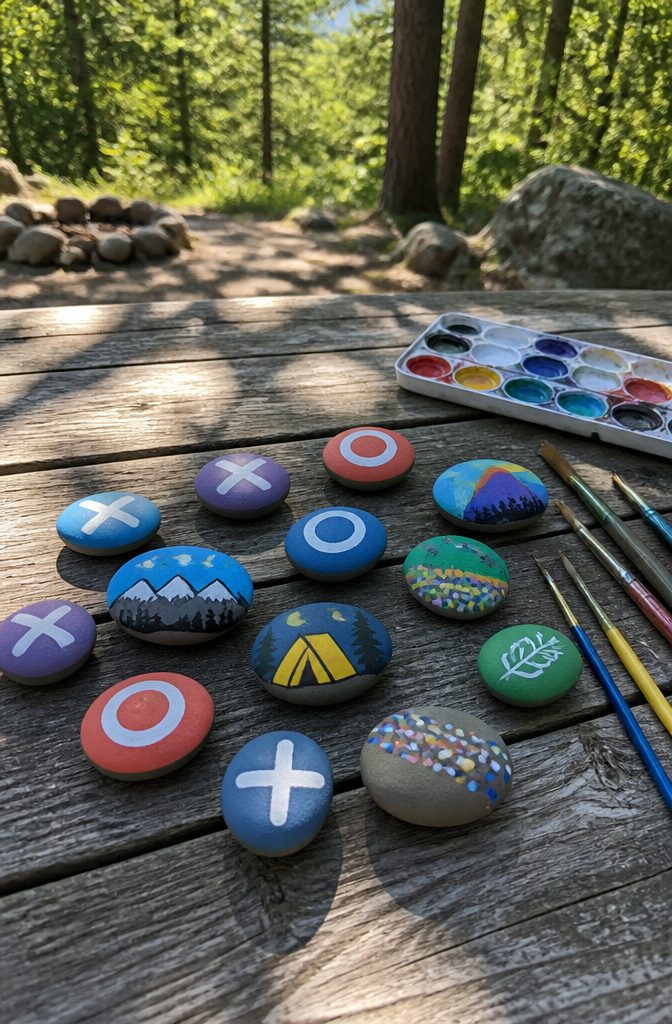 Painted stones with colorful designs displayed on a wooden table.