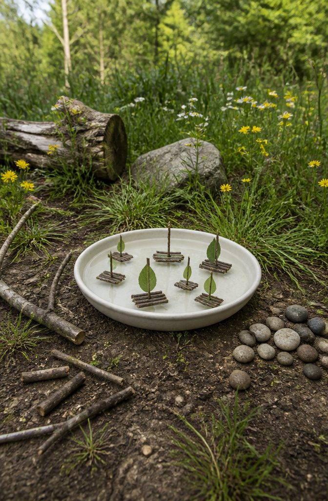 Handmade twig boats with leaves as sails on a wooden surface.