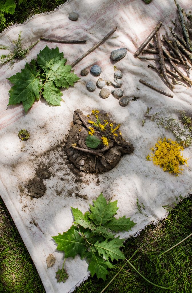 Various natural materials like leaves and sticks on a table.