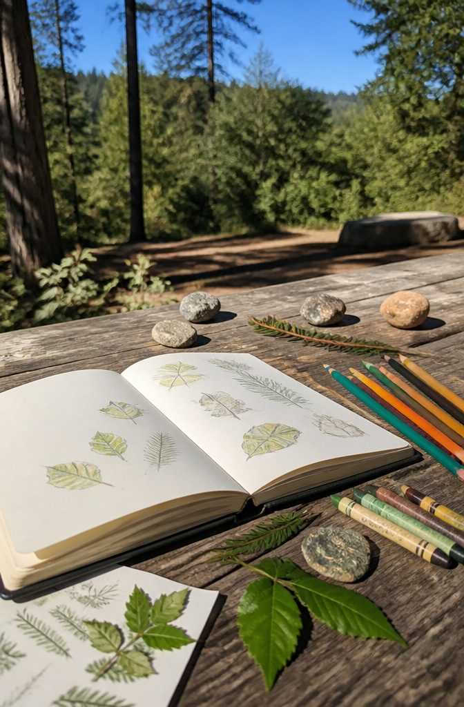 An open nature journal with sketches and crayons on a picnic table.