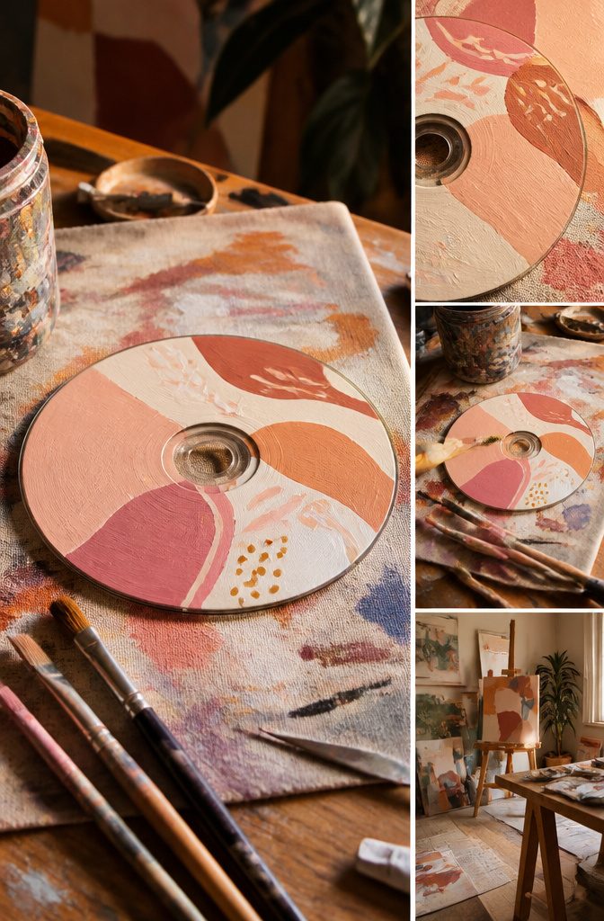 25 CD Painting Ideas for an Aesthetic Look, Easy to Copy 12 A CD displays colorful abstract art with various paint drips.