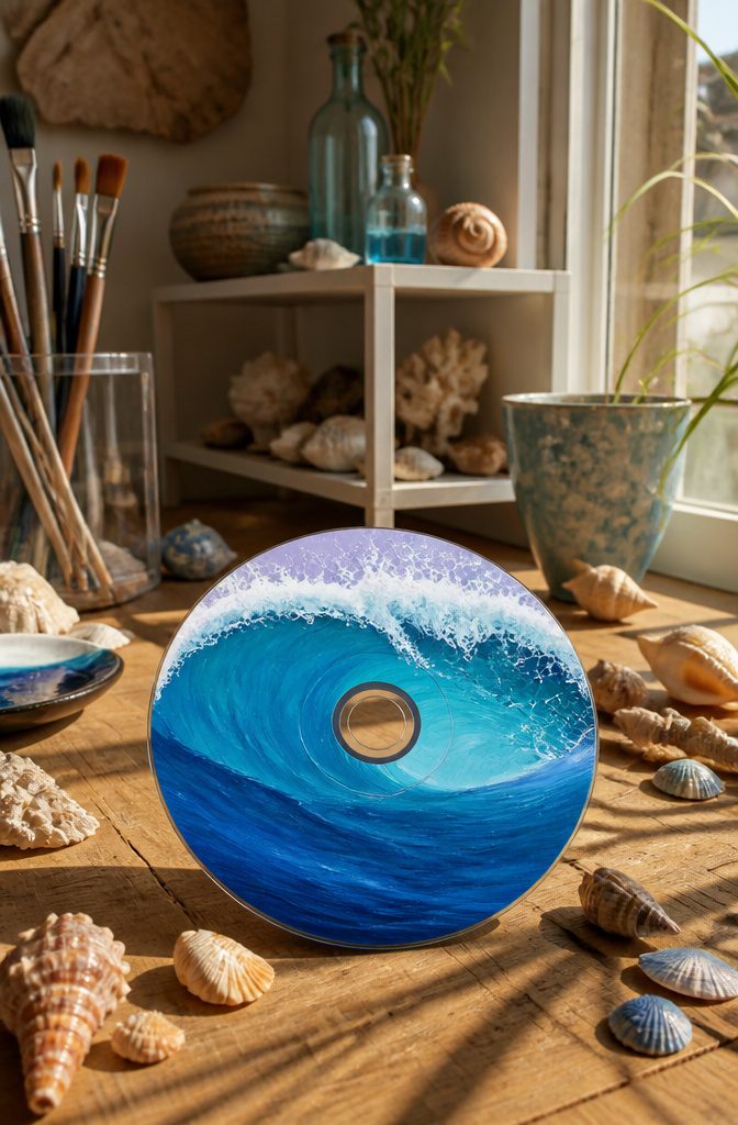 25 CD Painting Ideas for an Aesthetic Look, Easy to Copy 7 A CD showcases a blue ocean wave design with white frothy curls.
