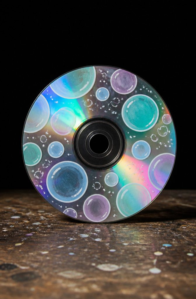 25 CD Painting Ideas for an Aesthetic Look, Easy to Copy 2 A CD displays bubbles in pale blue, mint, and lilac on a black surface.