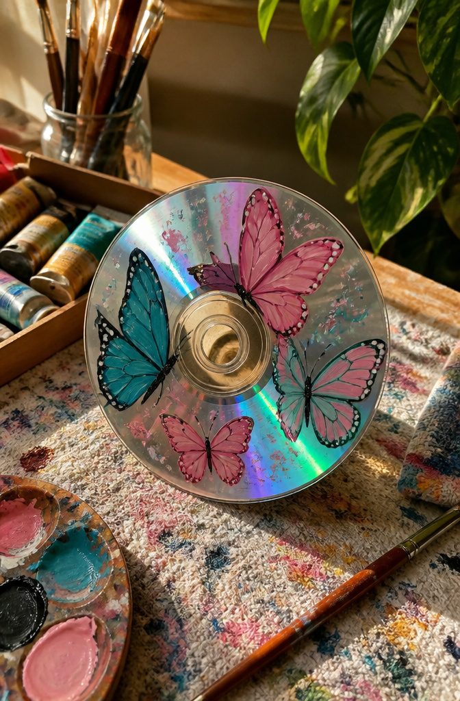 25 CD Painting Ideas for an Aesthetic Look, Easy to Copy 19 A CD shows colorful butterfly designs in pink and teal.
