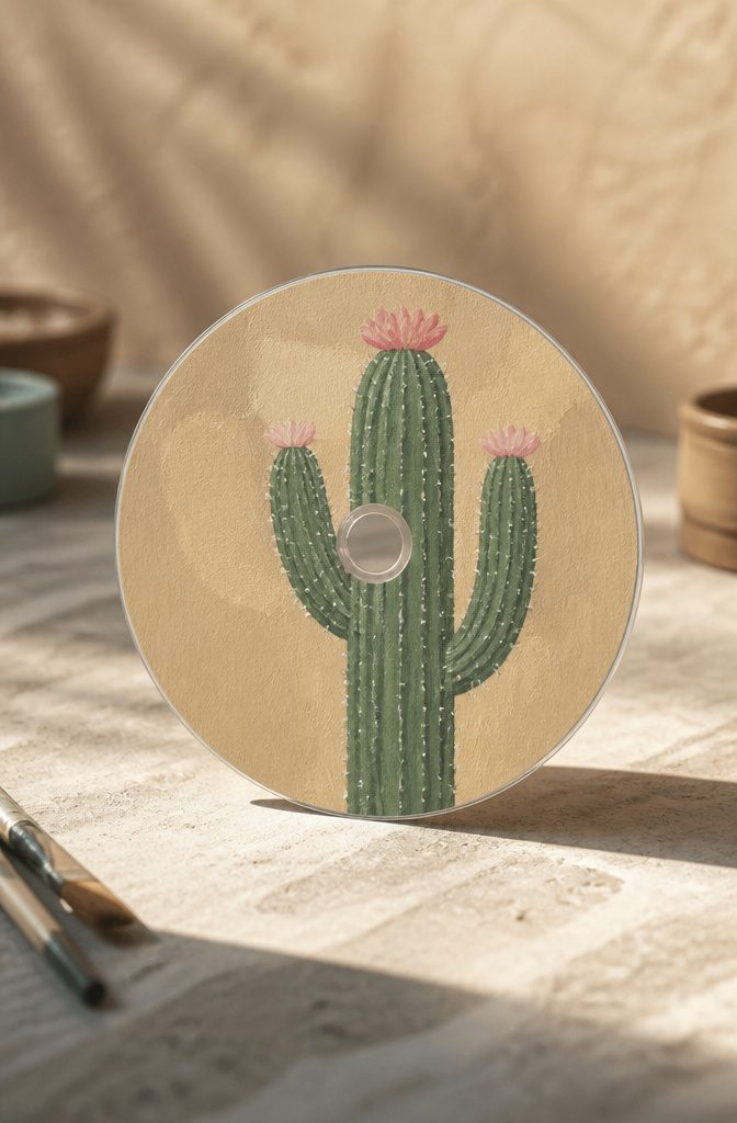 25 CD Painting Ideas for an Aesthetic Look, Easy to Copy 15 A CD displays a cactus with pink flowers and a peach background.