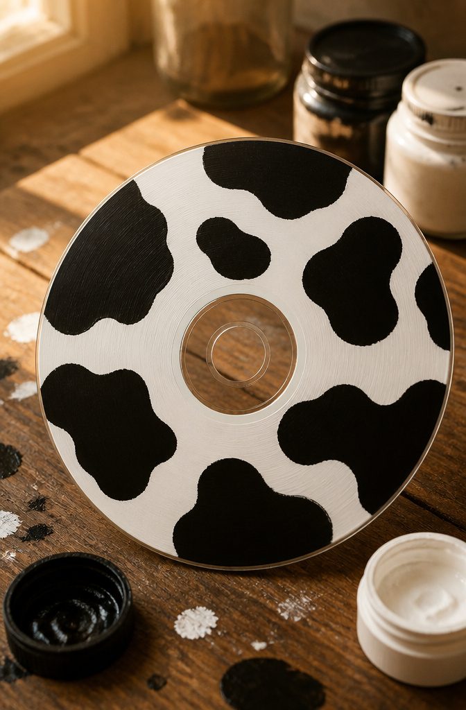 25 CD Painting Ideas for an Aesthetic Look, Easy to Copy 18 A CD displays a cow print pattern with black spots on white.