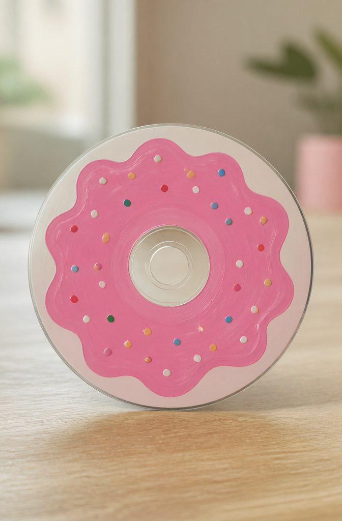 25 CD Painting Ideas for an Aesthetic Look, Easy to Copy 5 A CD features a pink donut with sprinkles on a shiny surface.