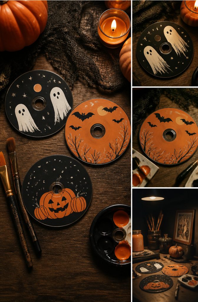 25 CD Painting Ideas for an Aesthetic Look, Easy to Copy 25 A CD displays Halloween designs with ghosts, pumpkins, and bats.