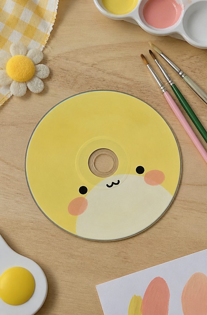 25 CD Painting Ideas for an Aesthetic Look, Easy to Copy 8 A CD displays a kawaii face with dot eyes and a smile.