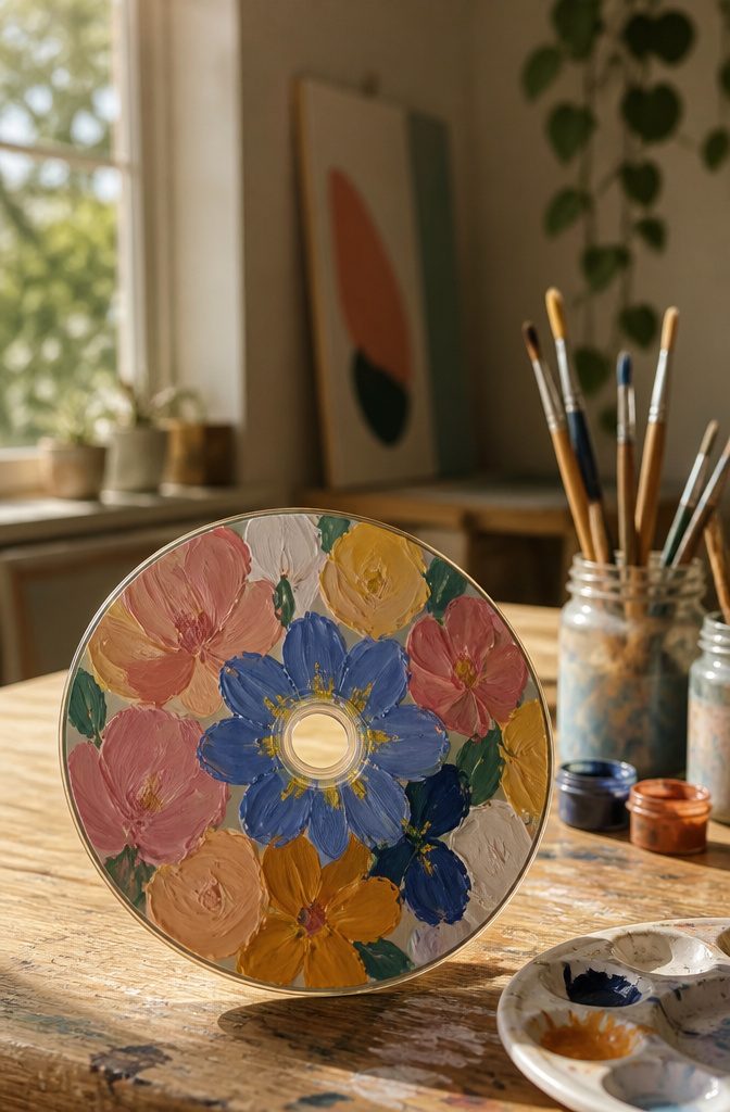 25 CD Painting Ideas for an Aesthetic Look, Easy to Copy 3 A CD is painted with colorful abstract flowers in blue and pink.