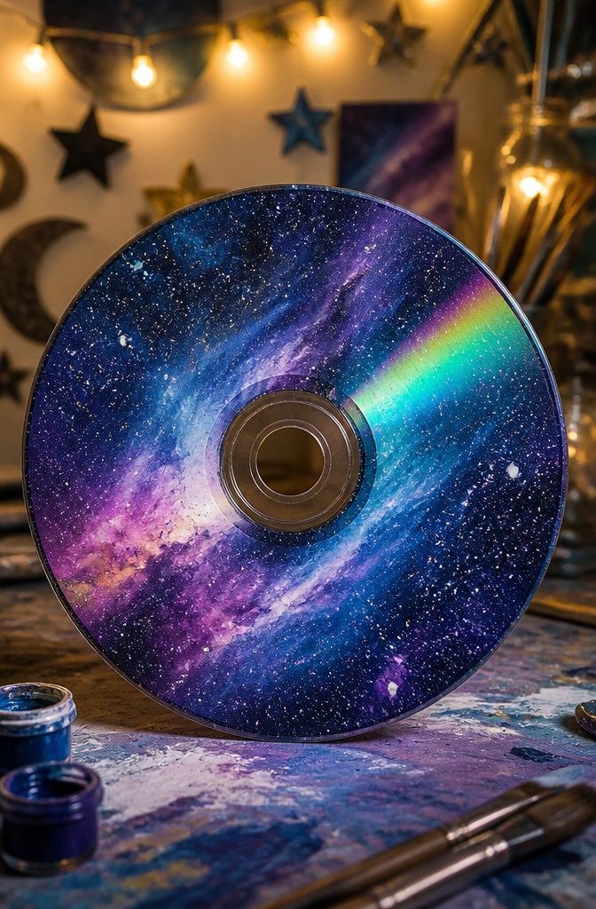 25 CD Painting Ideas for an Aesthetic Look, Easy to Copy 4 A painted CD shows a galaxy design with blue and purple colors.