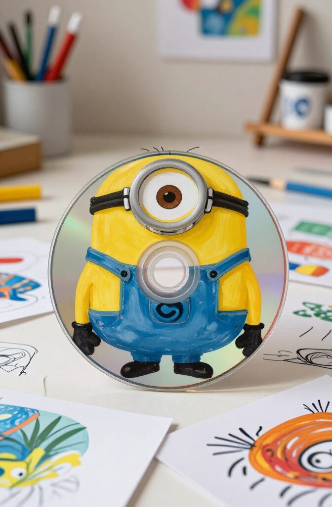 25 CD Painting Ideas for an Aesthetic Look, Easy to Copy 24 A CD shows a Minion painted in yellow with denim overalls.