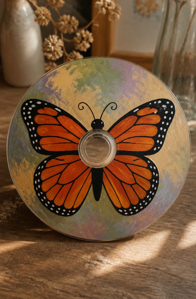 25 CD Painting Ideas for an Aesthetic Look, Easy to Copy 1 A painted CD shows a monarch butterfly with orange wings and black outlines.