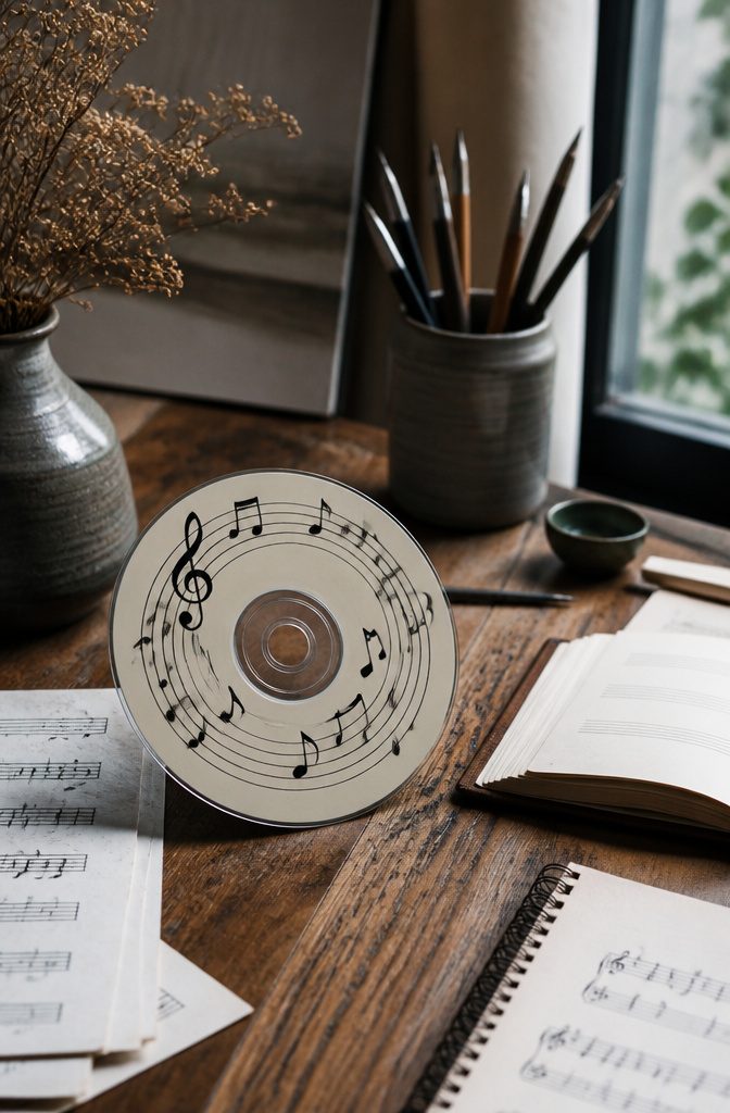 25 CD Painting Ideas for an Aesthetic Look, Easy to Copy 11 A CD features black music notes on a pale cream base.