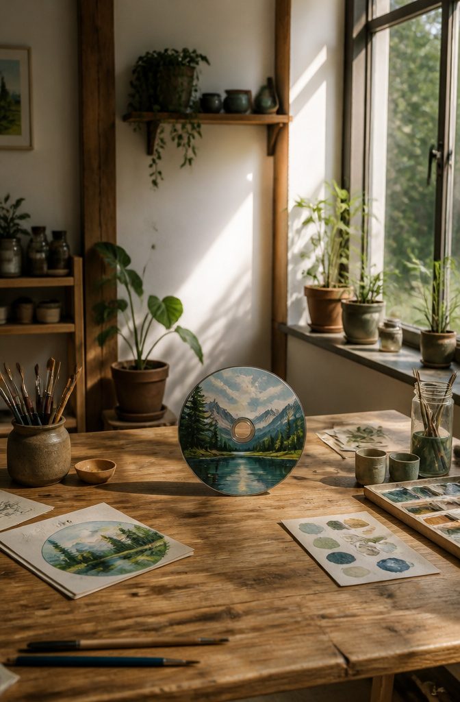 25 CD Painting Ideas for an Aesthetic Look, Easy to Copy 16 A CD shows a painted landscape with mountains and a sunset.