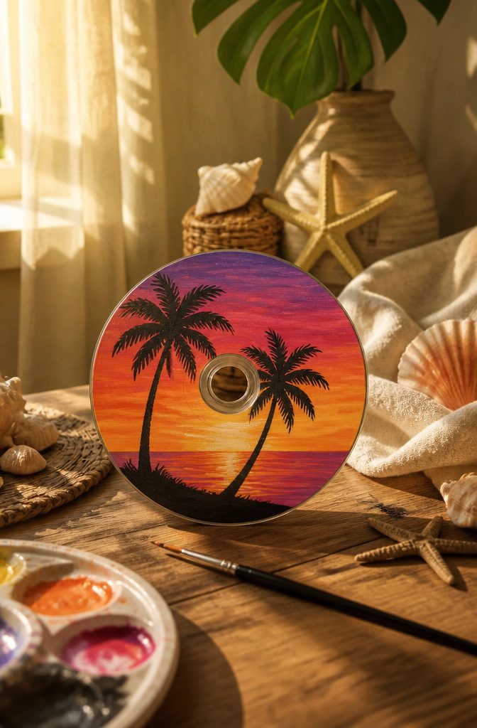 25 CD Painting Ideas for an Aesthetic Look, Easy to Copy 10 A CD shows palm trees with an orange and pink sunset background.