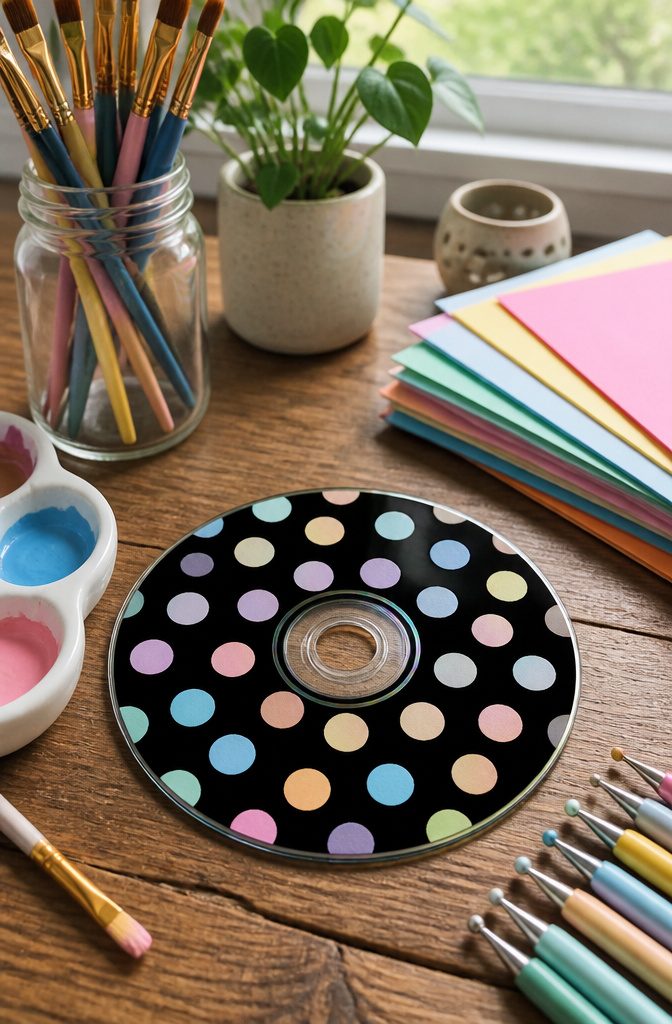 25 CD Painting Ideas for an Aesthetic Look, Easy to Copy 17 A CD features colorful polka dots against a solid black background.