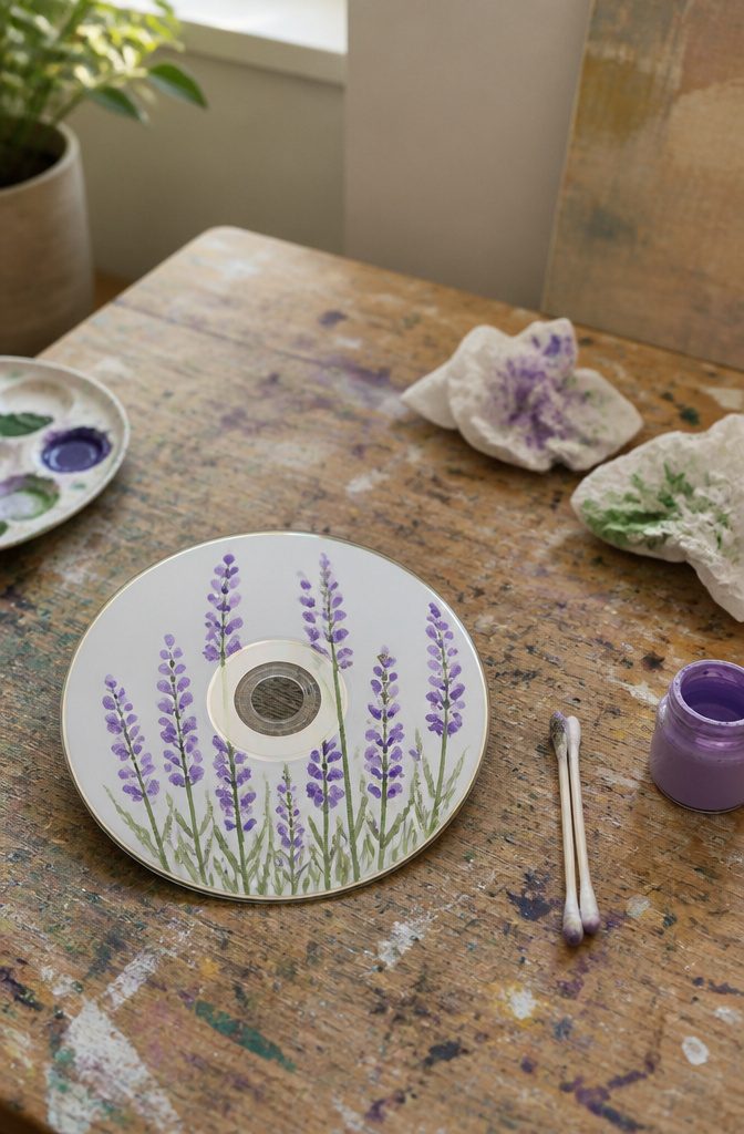 25 CD Painting Ideas for an Aesthetic Look, Easy to Copy 6 A CD displays lavender flowers stamped with a Q-tip technique.