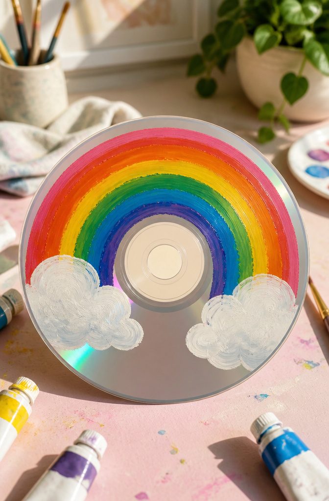 25 CD Painting Ideas for an Aesthetic Look, Easy to Copy 21 A CD features a rainbow design with white clouds at both ends.