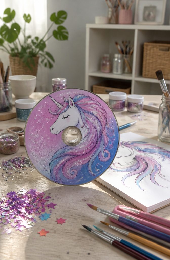 25 CD Painting Ideas for an Aesthetic Look, Easy to Copy 22 A CD displays a unicorn painted in soft pink, purple, and blue.