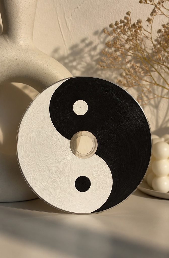 25 CD Painting Ideas for an Aesthetic Look, Easy to Copy 9 A CD features a yin yang design with black and white colors.