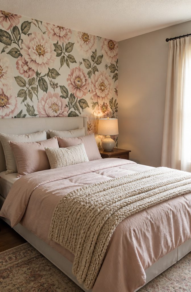 An accent wall covered in floral peel-and-stick wallpaper.