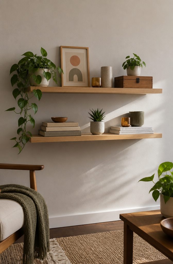 Two floating shelves display books, candles, and plants.