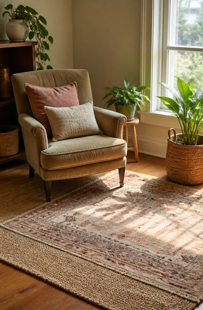 A jute rug with a patterned accent rug on top.