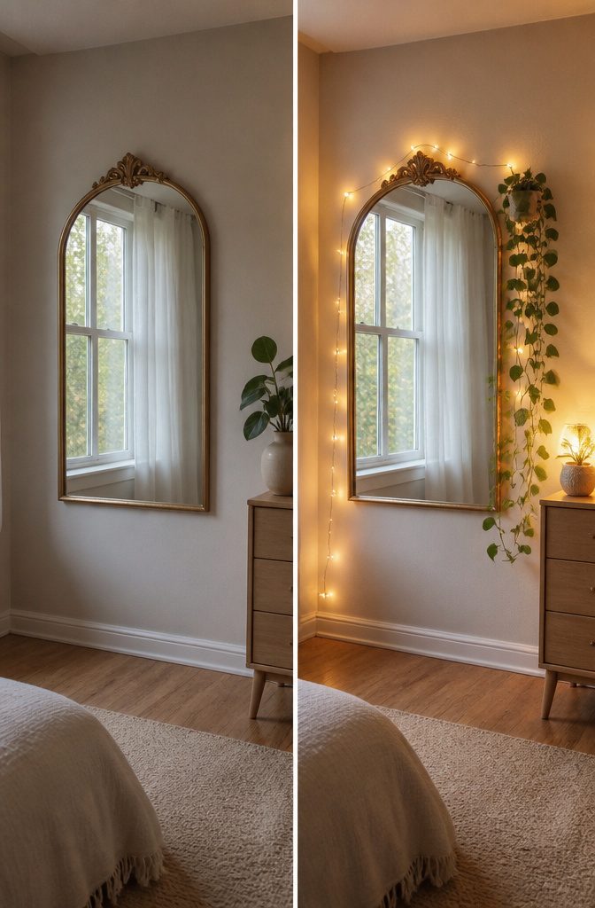 A mirror hung opposite a window to bounce light.
