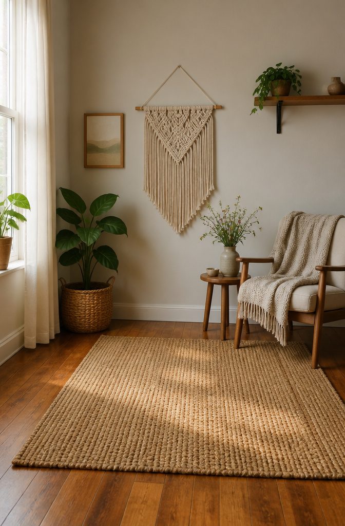 A macramé wall hanging and a handwoven rug in a room.