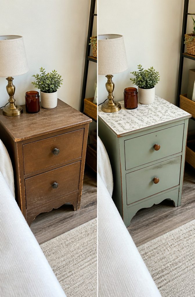 A refurbished nightstand showing creativity with paint and contact paper.