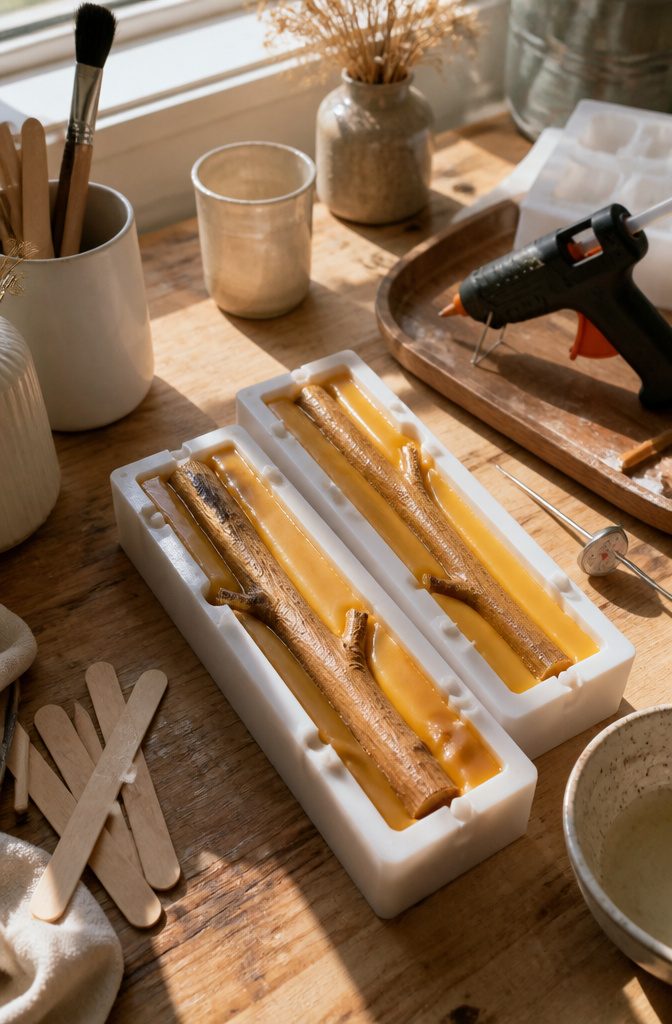 20 Cool Stuff to Make for Your Room in 2026: DIY Ideas 1 Silicone candle molds filled with beeswax on a workbench with craft tools.
