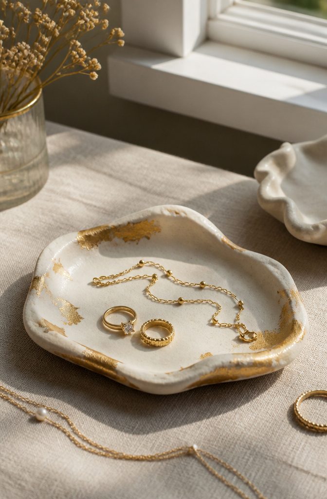 20 Cool Stuff to Make for Your Room in 2026: DIY Ideas 10 Jewelry tray made of air-dry clay adorned with gold leaf.