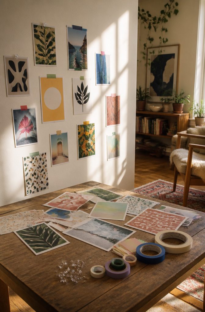 20 Cool Stuff to Make for Your Room in 2026: DIY Ideas 3 Various prints laid out for a wall collage, showcasing different sizes.