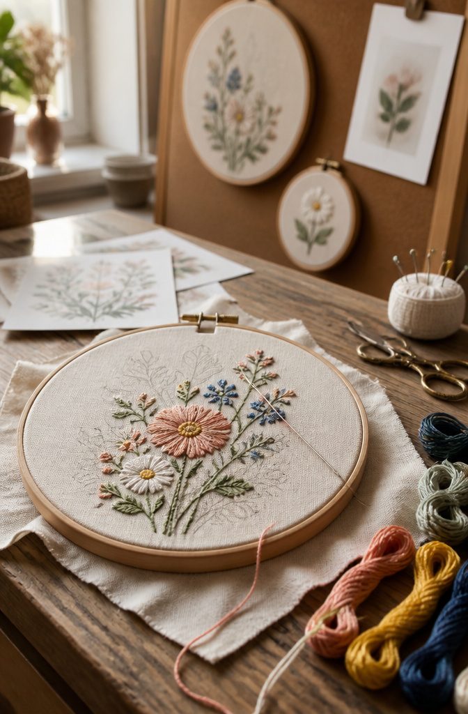 20 Cool Stuff to Make for Your Room in 2026: DIY Ideas 2 Embroidery hoop with pre-printed design and stitching tools nearby.