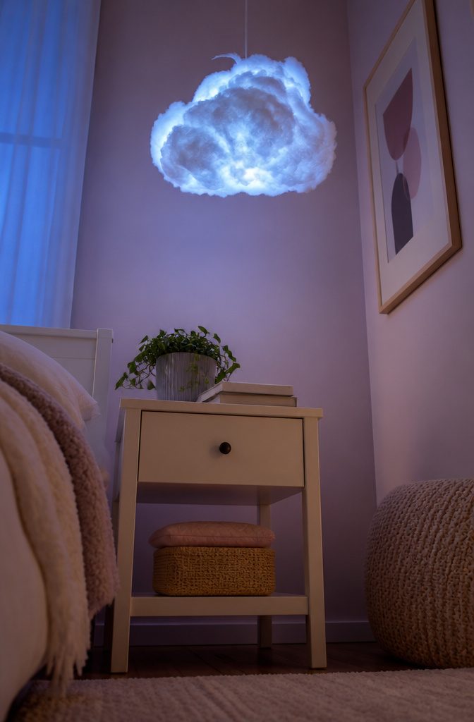 20 Cool Stuff to Make for Your Room in 2026: DIY Ideas 8 Wire frame covered in batting and LED lights resembling a cloud.