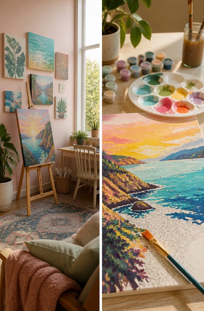 20 Cool Stuff to Make for Your Room in 2026: DIY Ideas 4 Pre-numbered canvas with paint and brushes ready for painting.