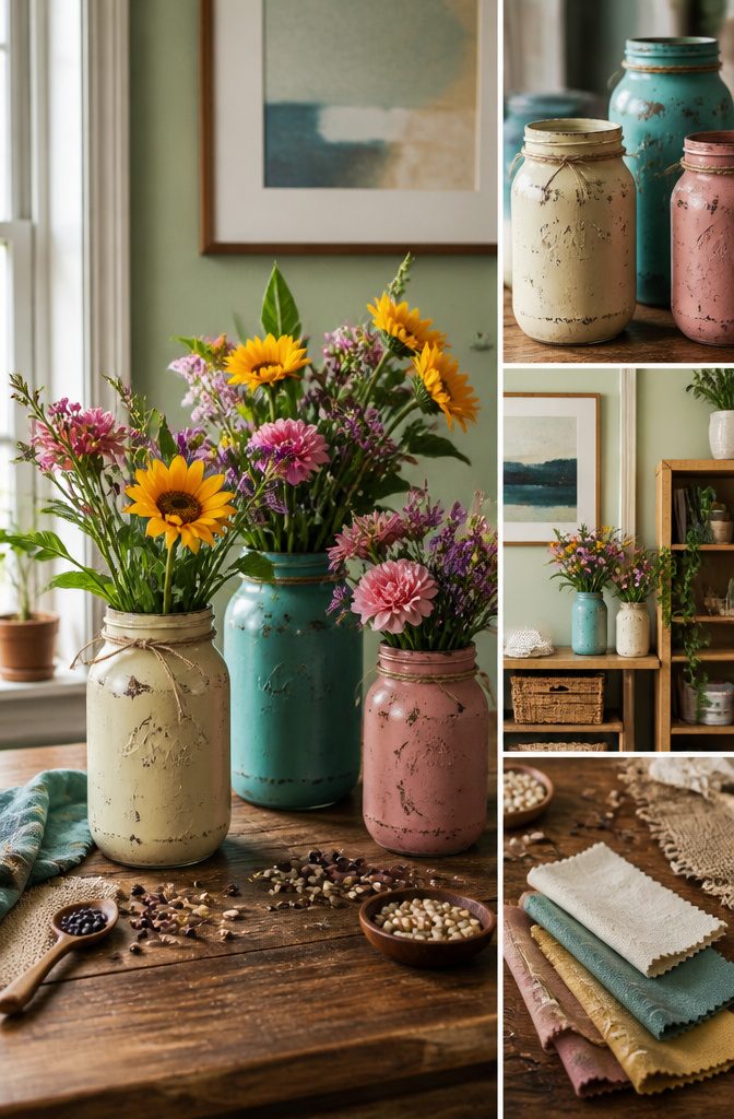 20 Cool Stuff to Make for Your Room in 2026: DIY Ideas 16 Chalk-painted mason jars filled with flowers on a table.
