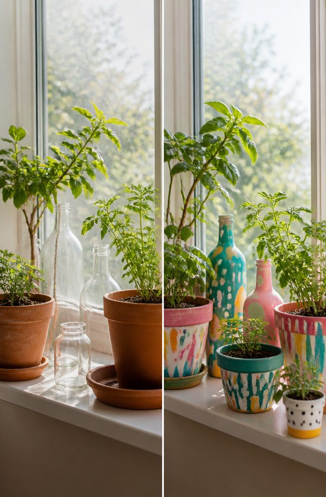 20 Cool Stuff to Make for Your Room in 2026: DIY Ideas 13 Painted glass and terracotta pots arranged for display.